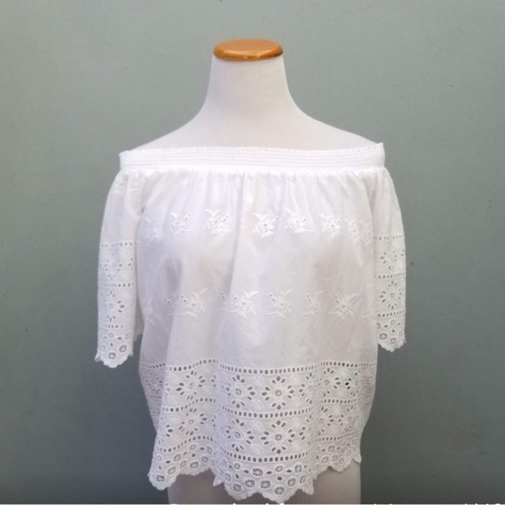 Forever 21 Eyelet Embroidered Top Smocked Off Shoulder White Medium